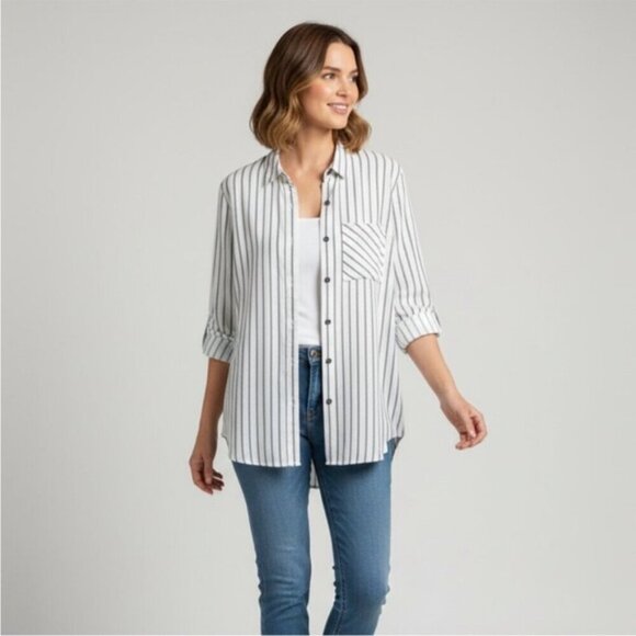 Anthropologie Ash and Ember Boyfriend Button Down Shirt Striped Long Sleeve XS - Picture 1 of 16
